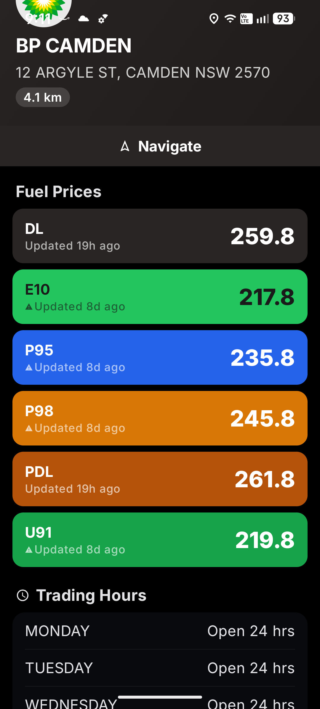 Station detail screen showing all fuel prices and trading hours