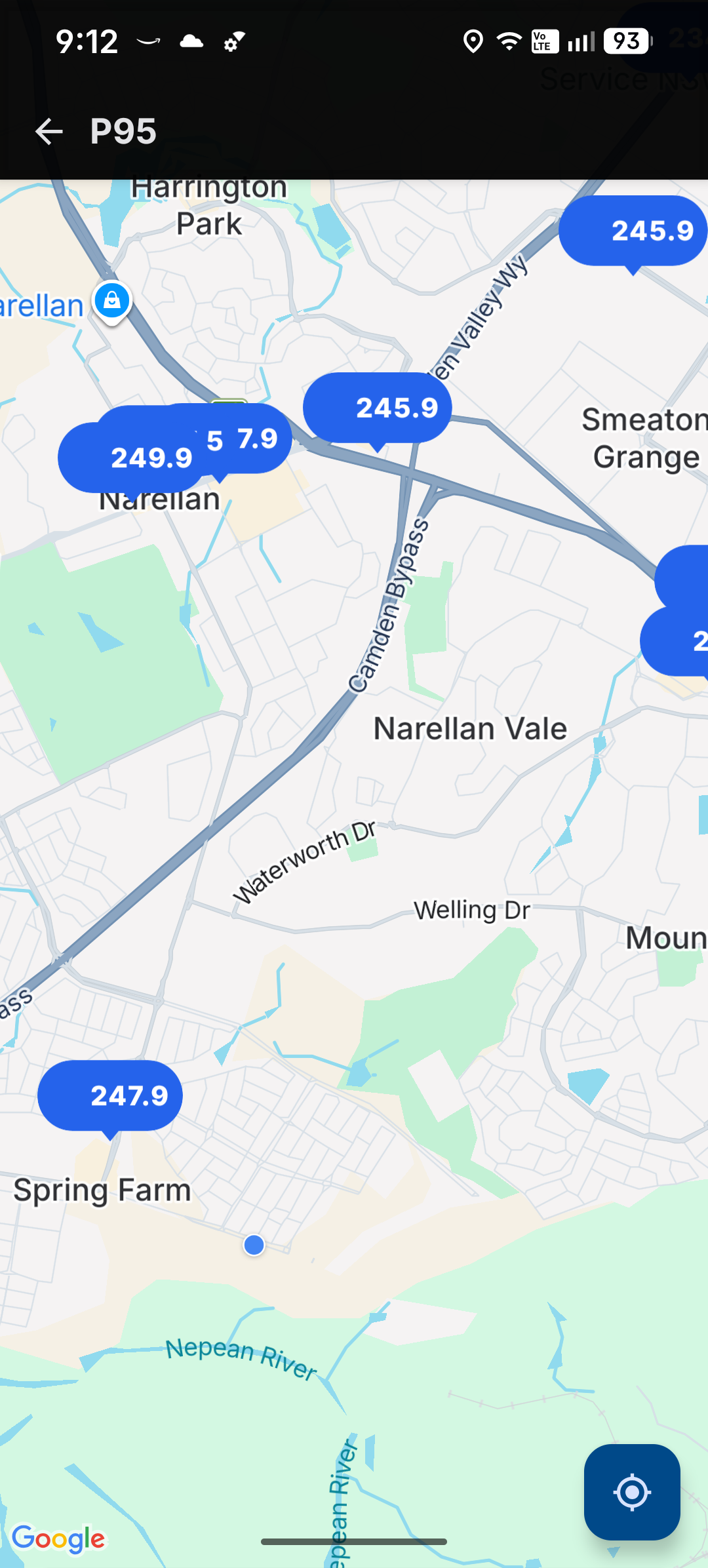 Map view showing nearby stations as branded pins with prices
